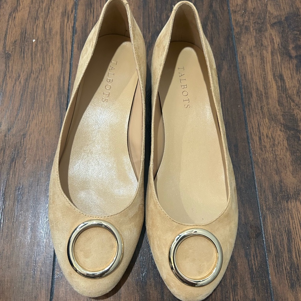 Talbots Tan suede flats with Gold accent
